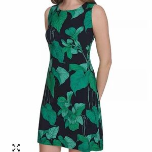 Like New Tommy Hilfiger Black Sleeveless Dress with Green Leaf Print